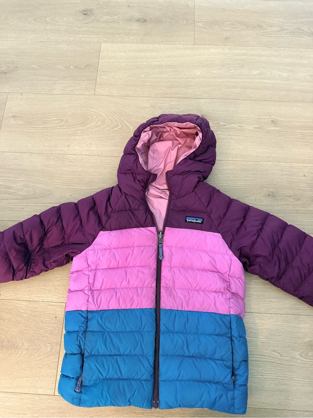 Patagonia Kids Colorblock Puffer Jacket in Pink, Purple & Blue